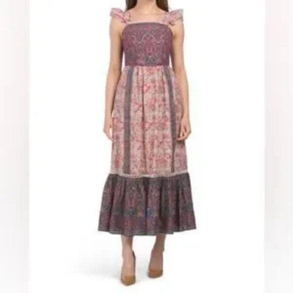 HAUTE HIPPIE Paisley Flutter Sleeve Tiered Ruffle Boho Maxi Dress Sz 6 NWOT - Picture 2 of 8